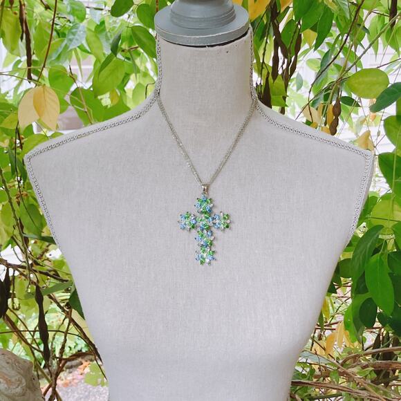 Vintage Large Silver Tone Floral Rhinestone Cross Pendant Necklace Blue Green - Picture 4 of 11